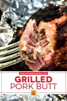 grilled pork is being held up by a fork with the words grilled pork but on it