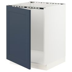 a white and blue cabinet is open on the wall in front of a white background