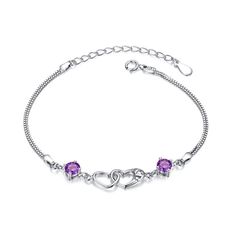 Double Love Heart Bracelet Silver Amethyst Jewelry With Heart Charm, Formal Purple Heart-shaped Jewelry, Purple Double Heart Jewelry For Gifts, Purple Double Heart Jewelry Gift, Purple Heart Jewelry For Formal Occasions, Double Heart Chain Jewelry, Elegant Double Heart Bracelet With Adjustable Chain, Elegant Amethyst Jewelry With Adjustable Chain, Purple Double Heart Jewelry For Valentine's Day