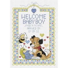 JANLYNN-Baby: Counted Cross Stitch. Beautiful designs by creative artists! Kit contains 14 count Aida, 6-strand cotton floss, floss card, needle, graph and instructions. Frame is not included. Finished size: 10x6-1/2in (25.4x16.5cm). Design: Welcome Baby Boy. Designer: Stoney Creek. Made in USA. Counted Cross Stitch Patterns Free, Welcome Baby Boy, Birth Announcement Cross, Birth Sampler, Birth Records, Baby Cross Stitch Patterns, Baby Cross, Stitch Crochet, Cross Stitch Baby