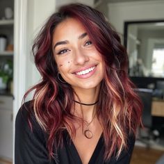 Dark Brown Red And Blonde Hair, Long Hair Color Ideas Red, Blonde Color Hair Ideas, Women’s Dark Hair Color, Chunky Fall Hair, Dark Hair With Blonde And Red, Red Color Melt Hair Dark Brown, Dark Hair With Pink Streak, Trendy Hair 2024 Color