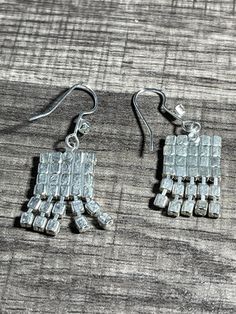 Handmade Silver Costume Jewelry Earrings, Silver Metal Costume Jewelry Earrings, Silver Soldered Earrings For Anniversary, Silver Clip-on Costume Jewelry Earrings As Gift, Silver Costume Jewelry Clip-on Earrings As Gift, Nickel-free Silver Costume Jewelry Earrings, Nickel-free Silver Costume Earrings, Vintage Rectangular Metal Earrings, Flag Earrings