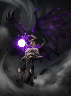 a dragon with purple wings flying through the air next to a full moon and clouds