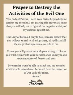 a prayer card with the words, prayer to destroy the activities of the evil one