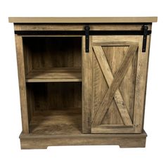 an open wooden cabinet with sliding doors