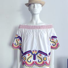 Nwt Off The Shoulder Embroidered Blouse . White With Multi Color Embroidery . White Embroidered Neckline Top For Summer, Summer White Blouse With Embroidered Neckline, White Summer Blouse With Embroidered Neckline, Summer Casual Peasant Top With Intricate Embroidery, White Bohemian Tops With Floral Embroidery, White Embroidered Blouse For Summer, White Embroidered Neckline Blouse For Summer, Summer Multicolor Embroidered Blouse, Summer Tops With Contrast Embroidery