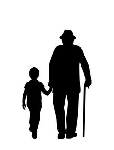 an old man holding the hand of a young boy who is walking with a cane