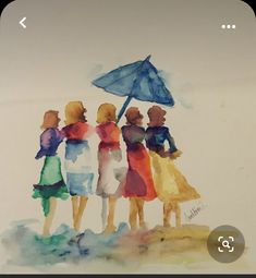 three girls are standing under an umbrella in the rain, one girl is wearing a yellow dress and the other has a blue umbrella