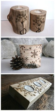 three different types of candles are shown in this collage, one is made out of wood and the other has snowflakes on it