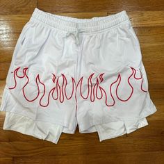 Flame Graphic Print Shorts. A Easy Casual Everyday Short For All Your Fits. #Men #White #Bottoms #Shorts #Tshirt White Cotton Athletic Shorts With Built-in Shorts, White Athletic Shorts With Built-in Shorts, Relaxed Fit, Red Bottoms With Built-in Shorts For Streetwear, White Activewear With Built-in Shorts For Summer, White Moisture-wicking Biker Shorts For Summer, Red Athleisure Shorts For Loungewear, Red Short Biker Shorts For Gym, White Sports Bottoms With Letter Print, Sports Bottoms With White Letter Print