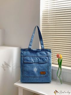 Bird in Bag - Denim Shop Decorative Patch Large Capacity Denim Shoulder Bag In Blue, Blue Denim Shoulder Bag For Daily Use, Denim Blue Shoulder Bag With Large Capacity, Trendy Denim Shoulder Bag With Pockets, Denim Blue Shopping Bags Made From Denim, Denim Blue Shopping Bags Made Of Denim, Denim Blue Shopping Bags In Denim Material, Large Capacity Denim Shoulder Bag, Blue Denim Bags With Pockets