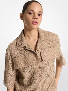 Made in Italy from intricately corded floral lace, this camp shirt channels an effortless, romantic sensibility. Reminiscent of classic vintage-inspired silhouettes, it’s fashioned with front pockets, a sharp collar and scalloped trim. Style it with the matching Carolyn trousers and neutral pumps for a polished pairing. Elegant Spring Top With Johnny Collar, Elegant Johnny Collar Tops For Spring, Lace Collared Tops, Lace Collared Top For Daywear, Collared Lace Tops For Spring, Collared Lace Tops For Work, Lace Collared Tops For Spring, Collared Lace Blouse For Daywear, Formal Spring Tops With Scalloped Lace