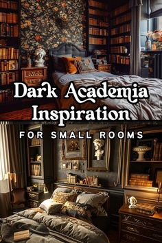 the dark bedroom is decorated with bookshelves and other items for small room decor