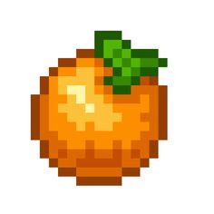 an orange pixel art with a green leaf on top