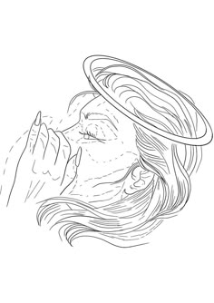 a drawing of a woman with long hair blowing her nose to the side, in black and white