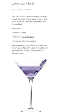 a cocktail glass with lavender martini in it