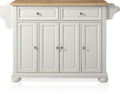 a white kitchen island with granite top and two doors on one side, and drawers on the other