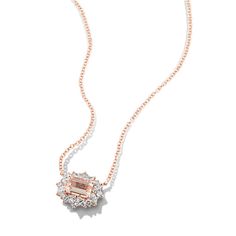 This gorgeous pendant features a natural peach morganite gemstone at its center. A halo of round and marquise natural diamond accents creates a floral look  while 14-karat rose gold perfectly complements the morganite gemstone. A matching rolo chain with a lobster clasp keeps this necklace secure. Rose Gold Jewelry With Baguette Diamonds, Fine Jewelry Marquise Rose Gold, Fine Jewelry In Rose Gold Marquise Style, Fine Jewelry In Rose Gold Marquise Shape, Fine Jewelry Rose Gold Marquise, Rose Gold Flower Pendant With Single Cut Diamonds, Fine Jewelry Morganite Ring With Halo Design, Rose Gold Baguette Diamond Jewelry In Cubic Zirconia, Fine Jewelry With Halo Design In Morganite