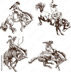 four cowboys riding horses and lasso in different poses, vintage engraved etchings