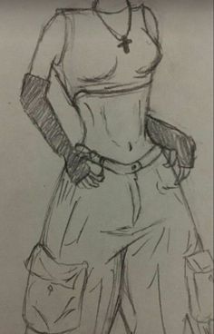 a pencil drawing of a woman with her hands on her hips and holding a purse