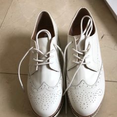 Brand New. In Original Box White Flat Heel Lace-up Office Shoes, White Formal Oxfords, White Brogue Oxfords With Flat Heel, White Flat Heel Oxfords With Brogue Detailing, White Brogue Oxford Shoes With Flat Heel, White Lace-up Shoes For Office, White Lace-up Office Shoes, White Round Toe Oxfords For Spring, White Flat Heel Oxfords For Office