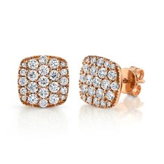 14KT Gold 1.10 CTW Round Brilliant Diamond Pave Cushion Stud Earrings. 0.40"L X 0.40"W. Buying Diamonds, Rose Gold Metal, Square Earrings, Rose Earrings, Rose Gold Diamonds, Fine Jewellery Earrings, Brilliant Diamond, 14kt Gold, Pave Diamonds