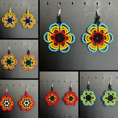 several pictures of earrings made out of seed beads