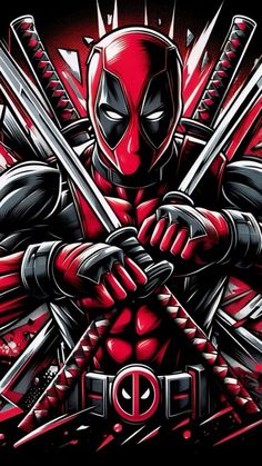 a deadpool character holding two swords in front of a black background with red accents