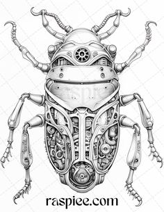 a drawing of a bug with gears on it's body and head, in black and