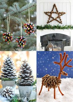 christmas decorations and pine cones are featured in this collage