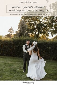 a bride and groom walking in the grass with text overlay that reads, grace + jacobb's elegant wedding in court d'alene, id