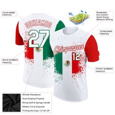 Custom White Kelly Green-Red 3D Mexican Flag Performance T-Shirt Customizable White Fan Apparel T-shirt, Jersey Sublimation Design For Sports Events, Customizable White T-shirt For Sports Season, Customizable Crew Neck T-shirt For Fan Gear, Customizable White T-shirt For Team Events, Jersey T-shirt With Graphic Print For Team Events, White Short Sleeve Sublimation Shirt For Sports Season, Custom Print T-shirt For Sports Events, White Sublimation Design Fan Apparel For Sports Season