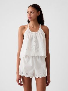 Eyelet Poplin PJ Tank Top Spring Cotton Tank Top By Gap, Cotton Spaghetti Strap Camisole For Daywear, Summer Tops With Scalloped Edges For Daywear, Casual Summer Sleepwear By Gap, Summer Cotton Camisole For Loungewear, Gap Cotton Tank Top For Summer, Sleeveless Gap Tops For Daywear, Cotton Spaghetti Strap Tank Top For Daywear, Spring Cotton Sleepwear With Adjustable Straps