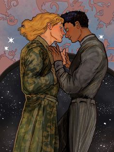 a man and woman standing next to each other in front of a sky filled with stars