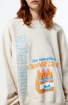 PacSun exclusive! Embrace vibrant style with the Fanta x PacSun Crew Neck Sweatshirt, adorned with striking Fanta embroidery and graphic on the front. Designed with a classic crew neckline, long sleeves, and ribbed trimming, this oversized sweatshirt offers a perfect blend of comfort and refreshing style.


	Solid color sweatshirt
	Soft fleece lining
	Crew neckline
	Long sleeves
	Dropped shoulders
	Fanta embroidery and graphic
	Ribbed trimming
	Oversized fit
	60% cotton, 40% polyester
	Machine washable
	Model is wearing a size small
	Model measurements: 5’5” height, 31.5” bust, 24” waist, 30.5” hips Pacsun Hoodie, Pacsun Shirts Graphic Tees, Pacsun New York Hoodie, Pacsun Sweatshirts & Hoodies, Halloween Orange Crew Neck T-shirt, Crewneck Sweatshirt Women, Basic Tees, Indie Brands, Women Hoodies Sweatshirts