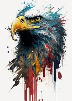 an eagle with paint splatters on it's face and head, in front of