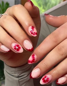 Flower Nail Inspo Acrylic, Burgundy Flower Nails, Red Floral Nails, Portugal Nails, Bad Nails, Evil Eye Nails, Beachy Nails, Acrylic Nail Shapes, Hello Nails