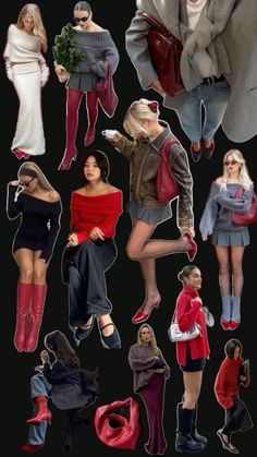 a collage of women dressed in different styles and colors, all wearing red boots