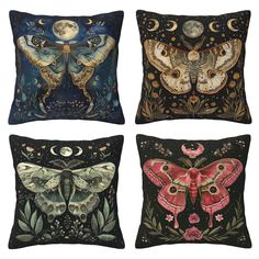 four pillows with moths on them and the moon in the sky behind them, all hand painted