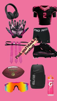 various sports items are arranged on a pink background, including sunglasses, gloves, and water bottle