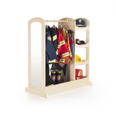 a toy fireman's uniform and hat rack