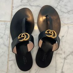 Excellent Condition, Only Worn A Couple Of Times! Black Gucci Thong Sandals Size 38.5 Gucci Flats, Leather Thong Sandals, Gucci Black, Gucci Shoes, Thong Sandals, Women's Shoes Sandals, Shoes Sandals, Dust Bag, Gucci