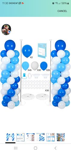 a blue and white party with balloons