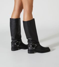 Staying on trend has never been easier with Biker. Featuring a squared toe shape and side accent, this calf boot remains a classic staple for anyone who desires just a little bit of edge. Pair with jeans, a knitted dress or mini skirt, the options are endless. -Material: Leather -Sole: Rubber -Fit:True to size -Toe-shape: Square -Features:Metal ring detail -Heel: 3.5cm Leg Height x Calf Circumference x Opening Circumference 5 – 322mm x 353mm x 376mm 5.5 -326.5mm x 358.5mm x 382mm 6 – 331mm x 364 Women's Knee High Boots, Thigh High Boots Flat, Womens Low Heels, Metallic Shoes, Tony Bianco, Low Boots, Slingback Shoes, How To Stretch Boots, Buckle Boots