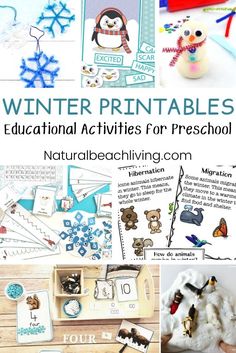 winter printables for preschool and homeschool with pictures of snowmen, polar bears