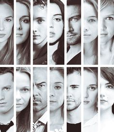 a collage of nine different people with one woman's face and the other man's head