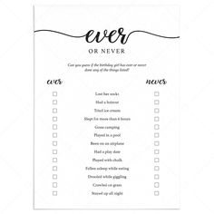 a printable wedding game with the words ever or never written on it, in black ink