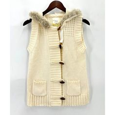 Old Navy Vest Womens Knit Hooded Faux Fur Botton Down Pockets Creme M Nwt Winter White Knit Outerwear For Winter, Winter White Knit Outerwear, Winter White Cable Knit Outerwear, Winter White Cable Knit Outerwear For Cold Weather, Cream Soft Knit Outerwear For Cold Weather, Beige Soft Knit Winter Outerwear, Winter Cream Cable Knit Outerwear, Cream Knit Hooded Outerwear, Hooded Cream Knit Outerwear