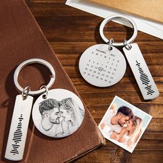 a couple's keychain with two pictures on it