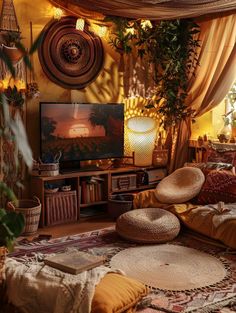 a living room filled with lots of furniture and plants on top of the rugs